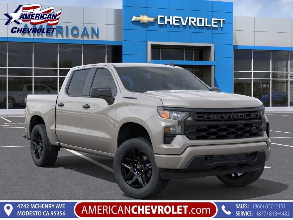 2026 Chevrolet Silverado 1500 Custom in White Sands — front three-quarter view